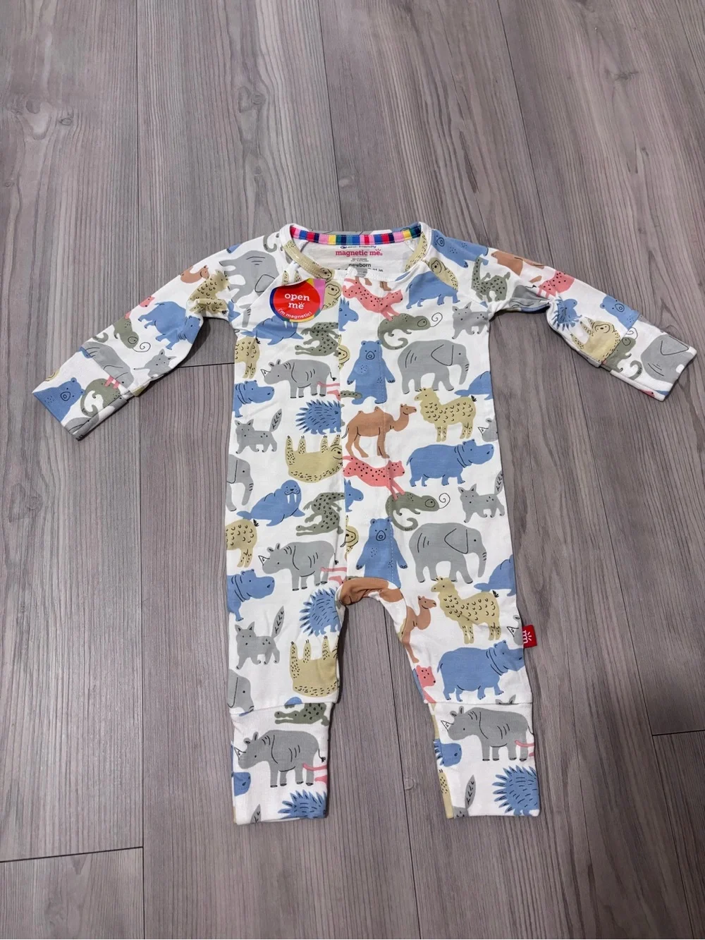 Magnetic Me bamboo White Animal Print Footie in Blue, Gray, Tan, Pink, Green